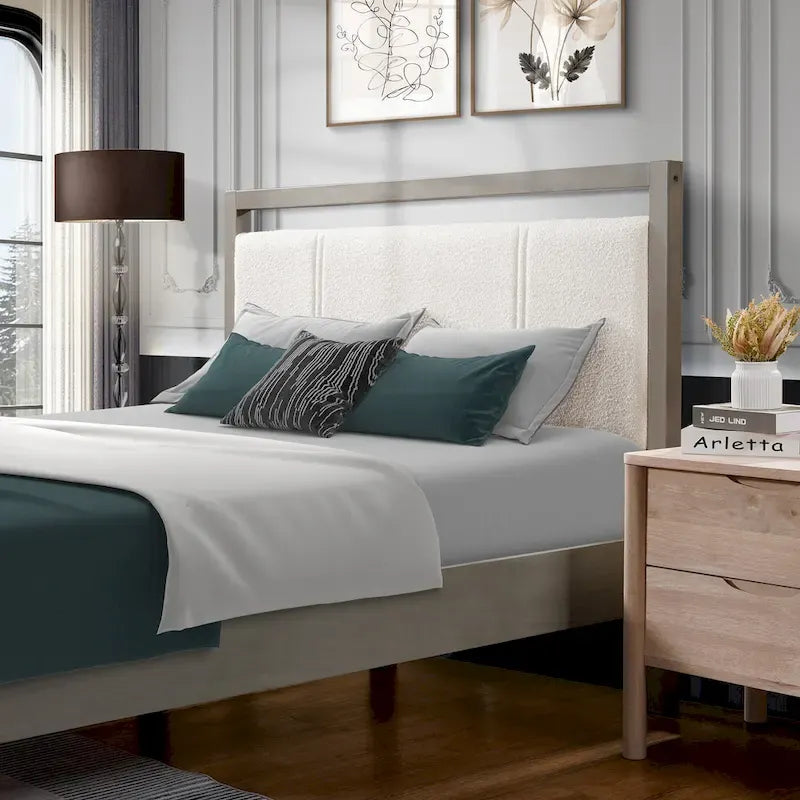 Queen Platform Bed with Ivory Boucle Fabric Headboard