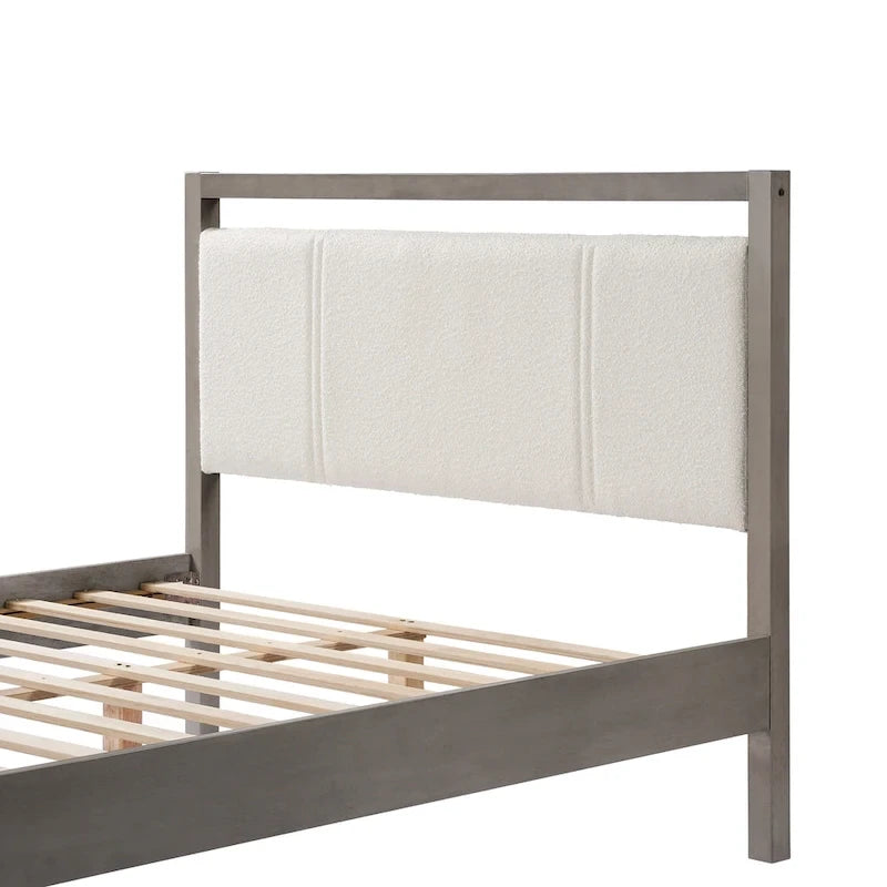 Queen Platform Bed with Ivory Boucle Fabric Headboard