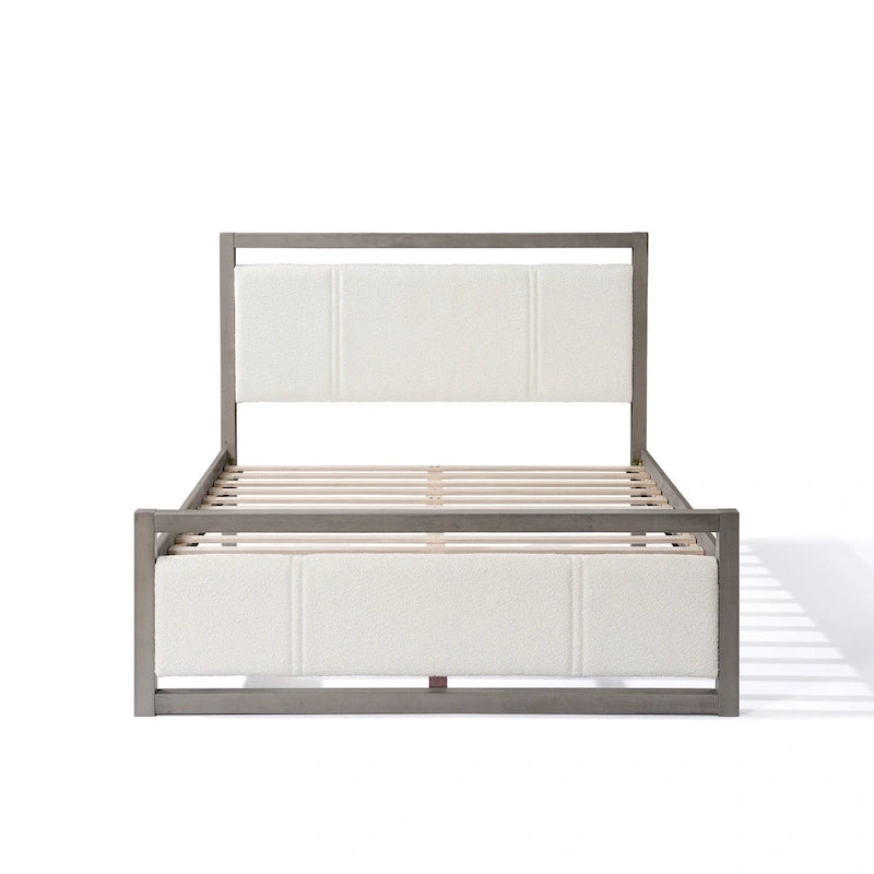 Queen Platform Bed with Ivory Boucle Fabric Headboard