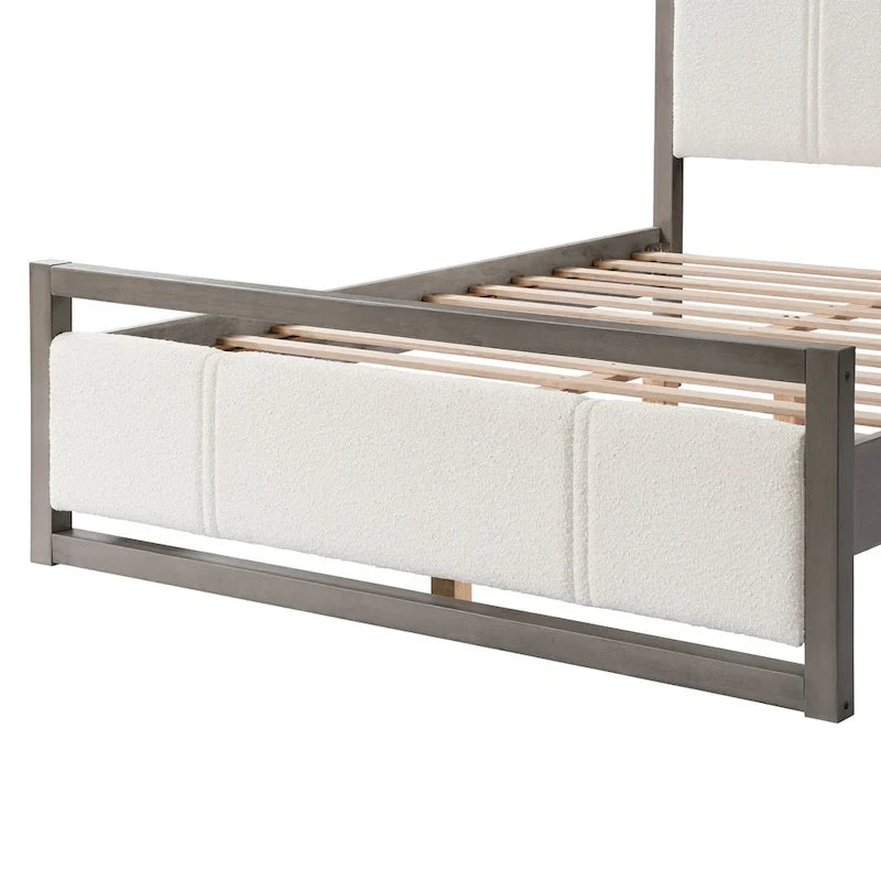 Queen Platform Bed with Ivory Boucle Fabric Headboard