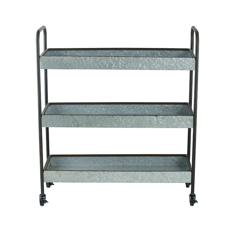 40 Inch Metal Rolling Cart, 3 Tier Shelves, Caster Wheels, Galvanized Gray