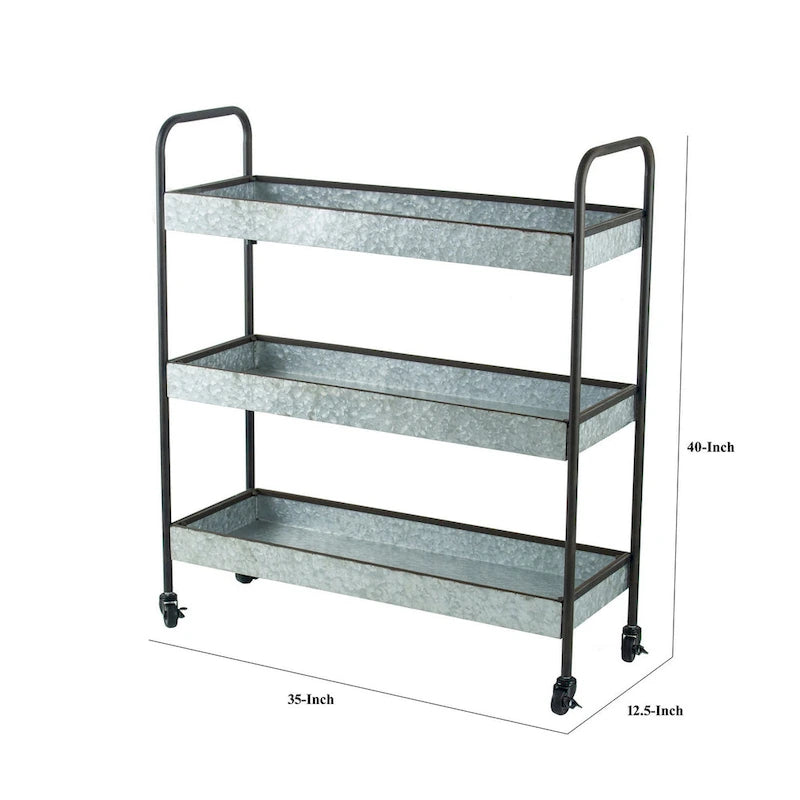 40 Inch Metal Rolling Cart, 3 Tier Shelves, Caster Wheels, Galvanized Gray