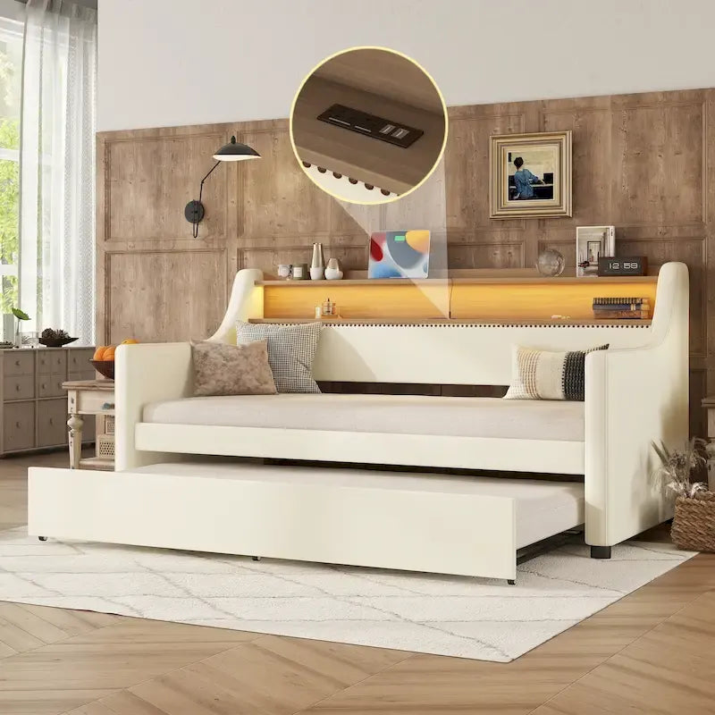White Twin Size Upholstered Daybed with Trundle and LED