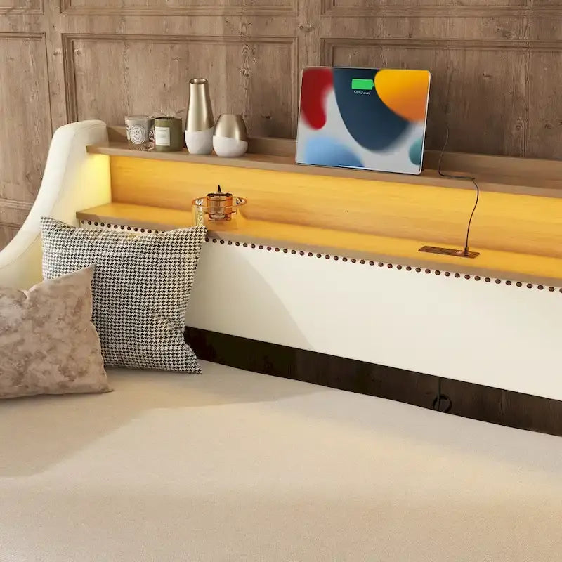 White Twin Size Upholstered Daybed with Trundle and LED