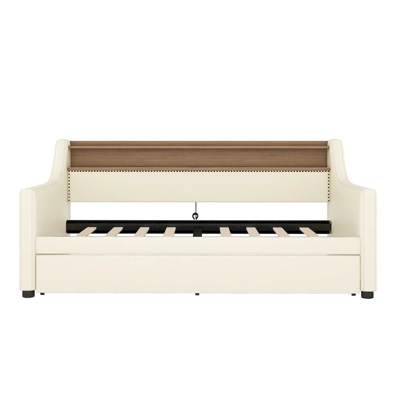 White Twin Size Upholstered Daybed with Trundle and LED