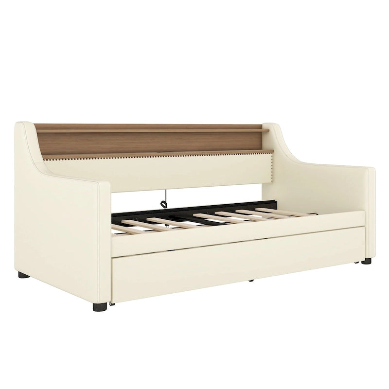 White Twin Size Upholstered Daybed with Trundle and LED