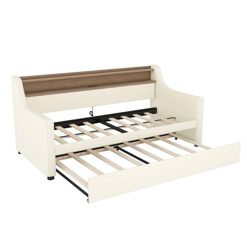 White Twin Size Upholstered Daybed with Trundle and LED
