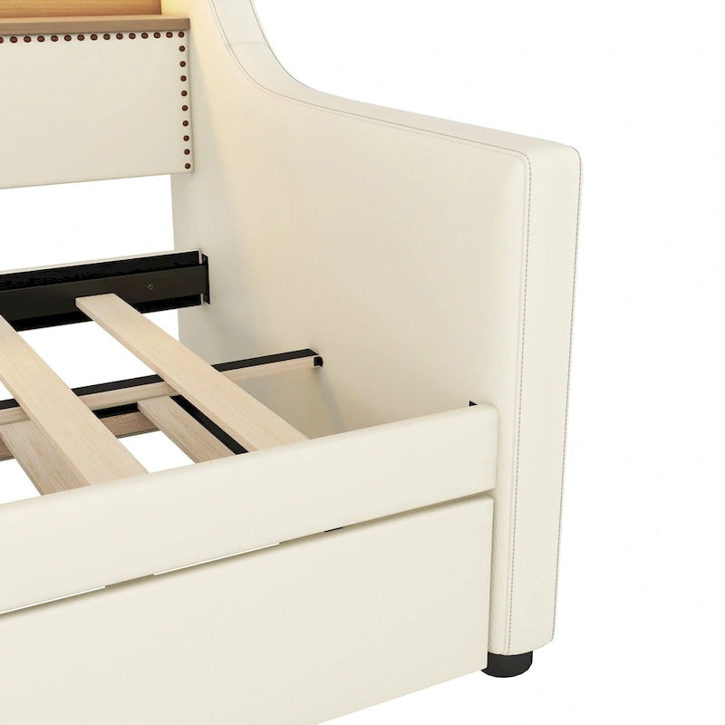 White Twin Size Upholstered Daybed with Trundle and LED