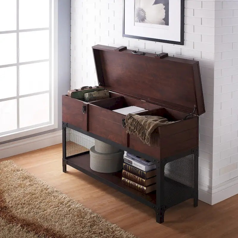 Industrial Walnut 47-inch Metal 1-Shelf Trunk Entryway Table