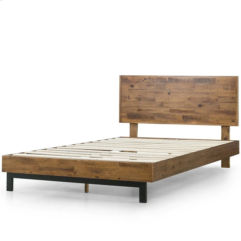 Brown Wood Platform Bed Frame with Adjustable Headboard