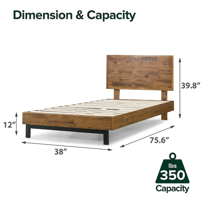 Brown Wood Platform Bed Frame with Adjustable Headboard