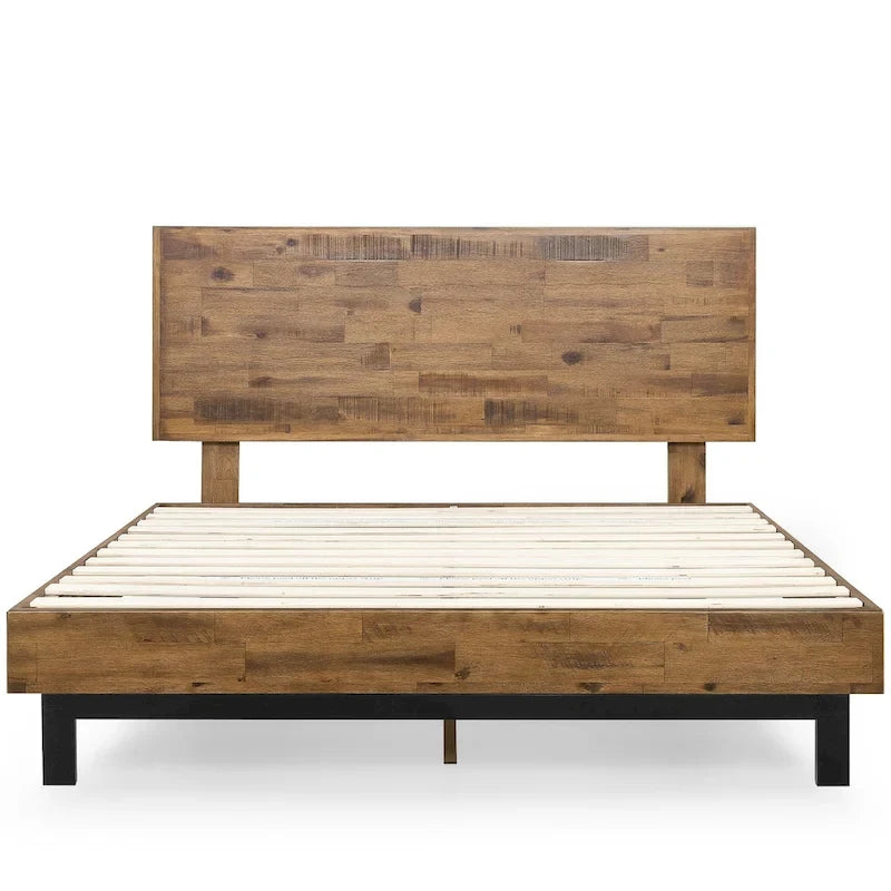 Brown Wood Platform Bed Frame with Adjustable Headboard