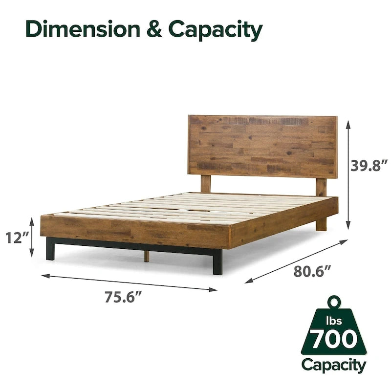 Brown Wood Platform Bed Frame with Adjustable Headboard