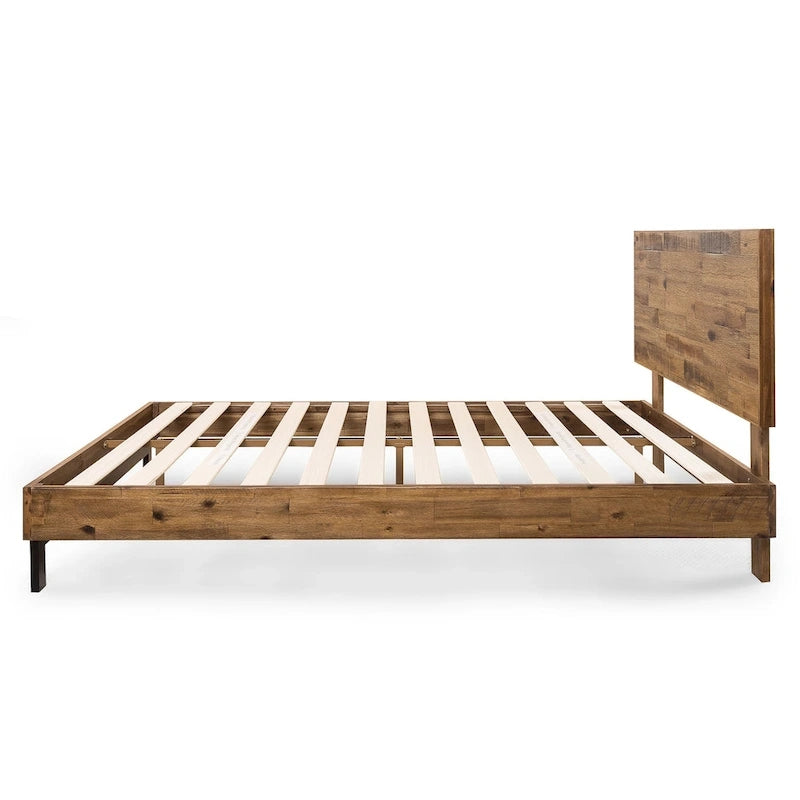 Brown Wood Platform Bed Frame with Adjustable Headboard