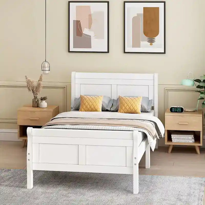 Twin Wood Platform Bed Frame Mattress Foundation Sleigh Bed with Headboard/Footboard/Wood Slat Support