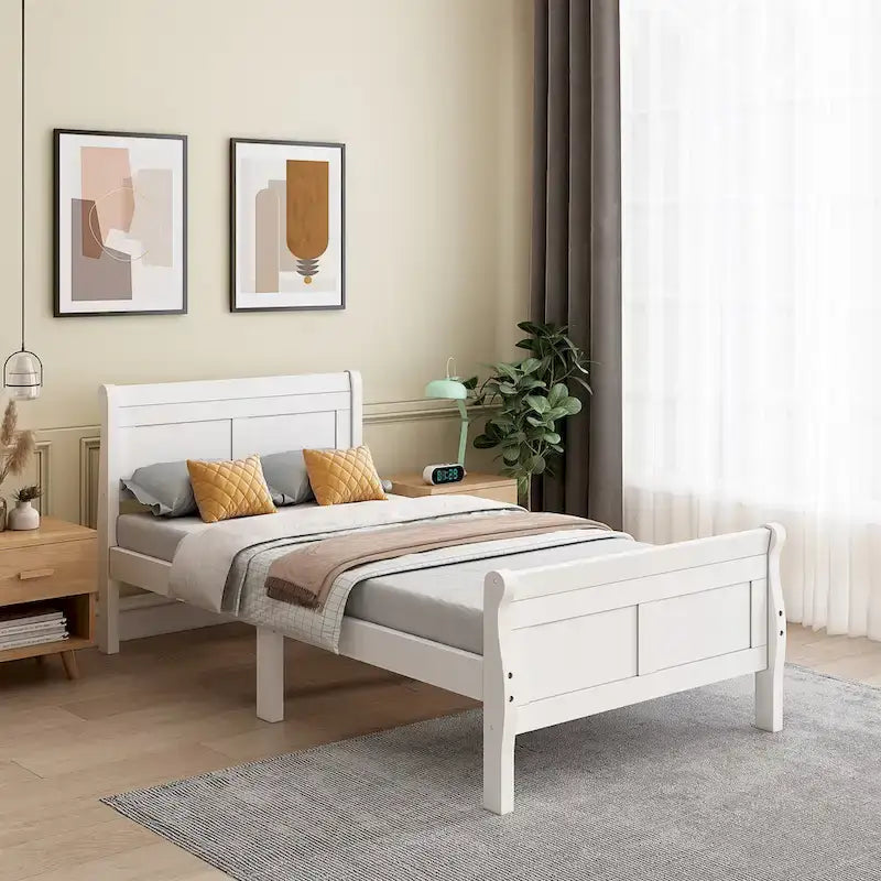 Twin Wood Platform Bed Frame Mattress Foundation Sleigh Bed with Headboard/Footboard/Wood Slat Support