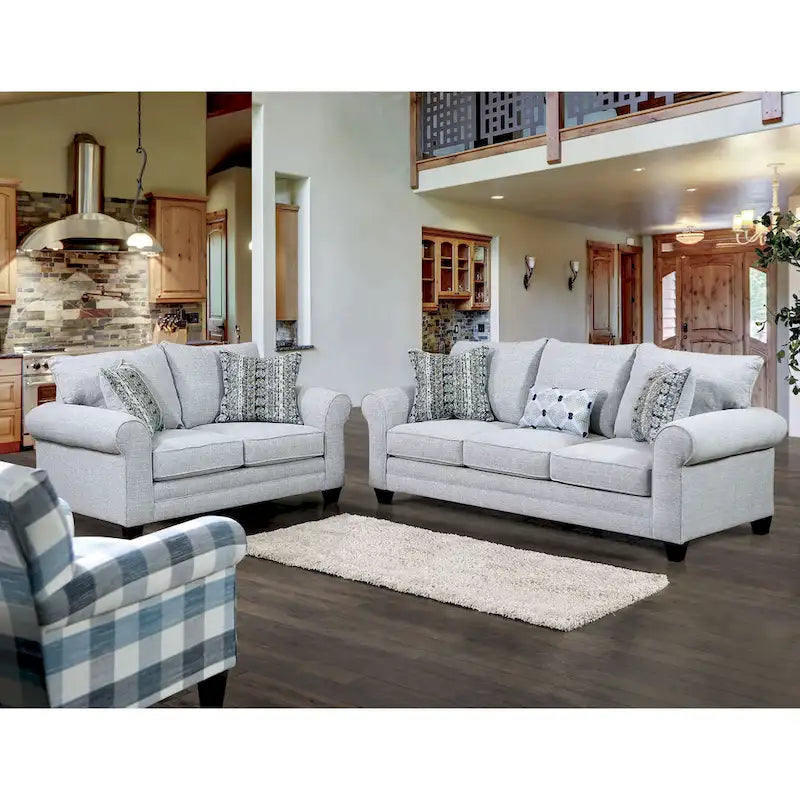 Transitional Grey Fabric Loveseat with Pillows