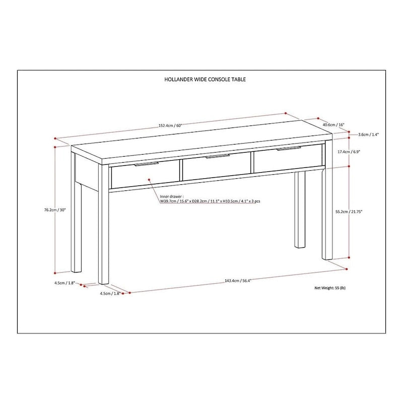 60 inch Wide Solid Wood Contemporary Console Table in Warm Walnut Brown - 60 W x 16 D x 30 H