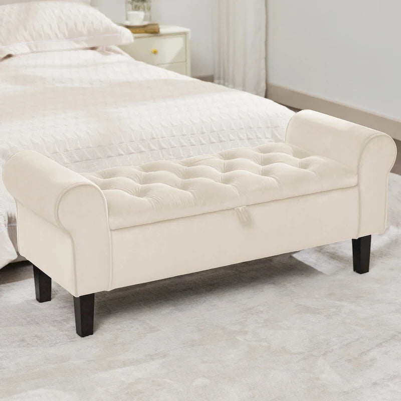 Velvet Storage Bench With Rubber Wood Legs for Bedroom