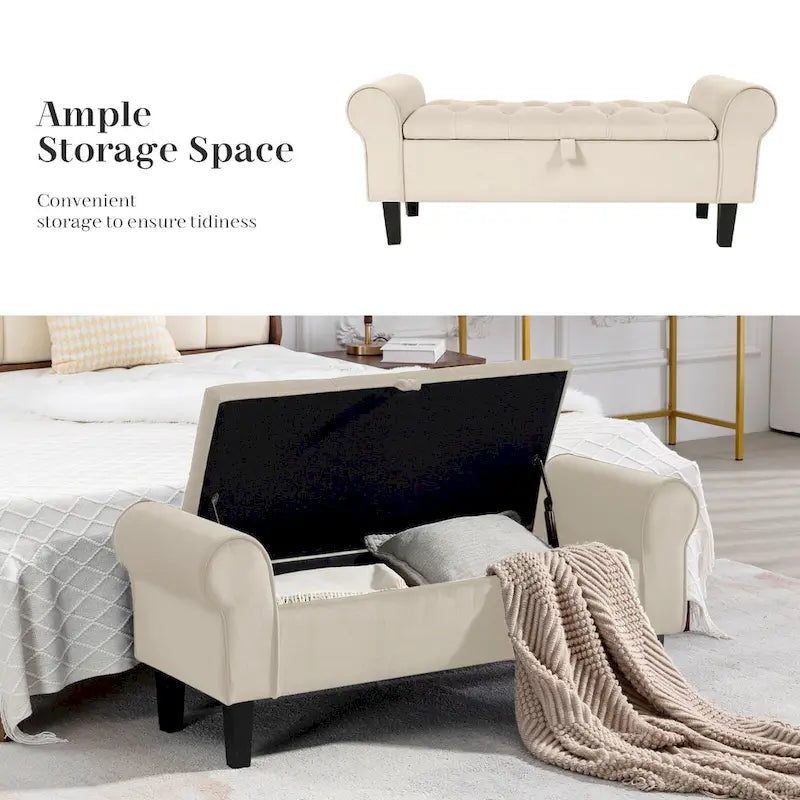 Velvet Storage Bench With Rubber Wood Legs for Bedroom
