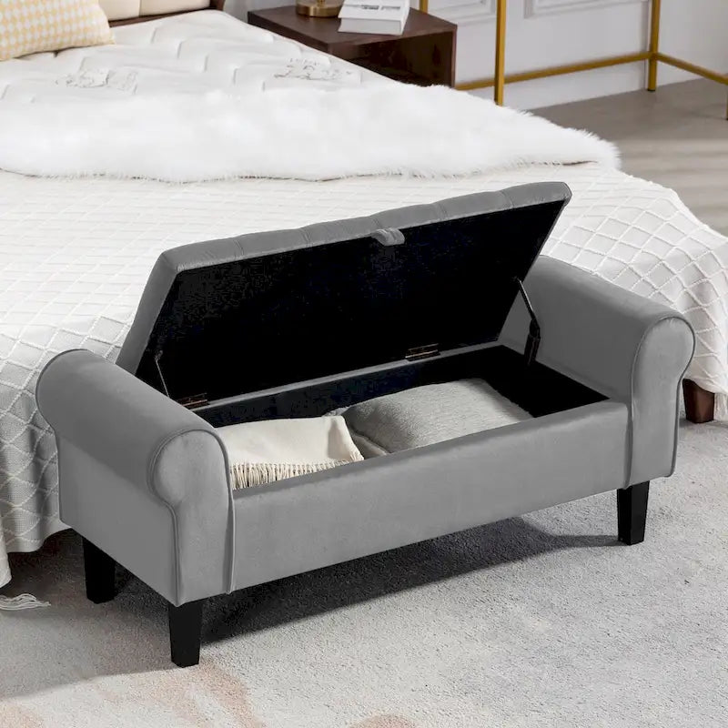 Velvet Storage Bench With Rubber Wood Legs for Bedroom