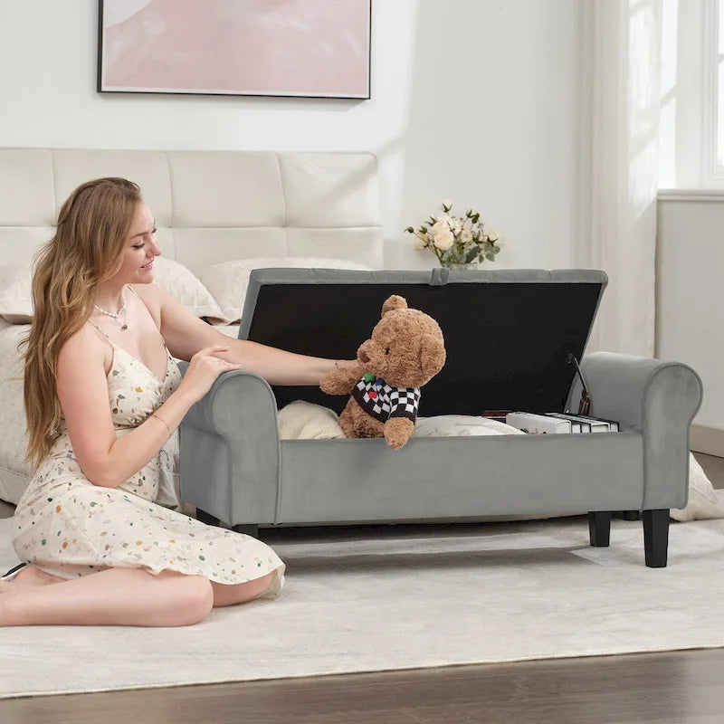 Velvet Storage Bench With Rubber Wood Legs for Bedroom