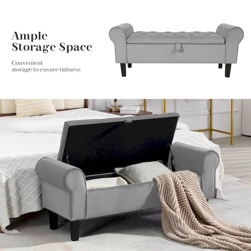 Velvet Storage Bench With Rubber Wood Legs for Bedroom