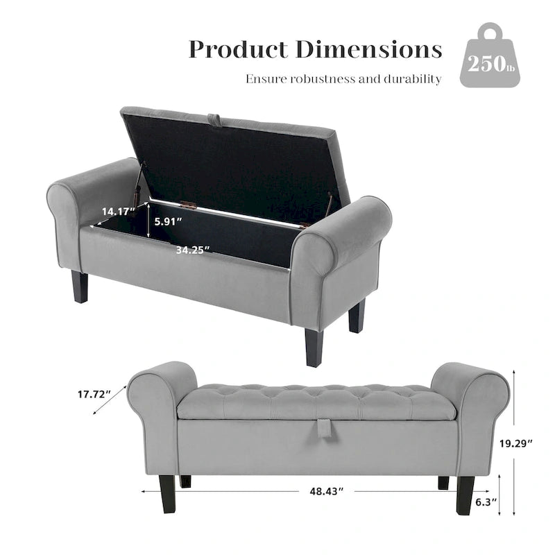 Velvet Storage Bench With Rubber Wood Legs for Bedroom