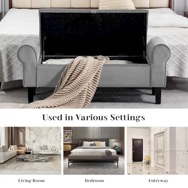 Velvet Storage Bench With Rubber Wood Legs for Bedroom