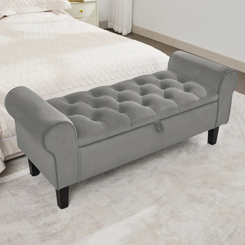 Velvet Storage Bench With Rubber Wood Legs for Bedroom