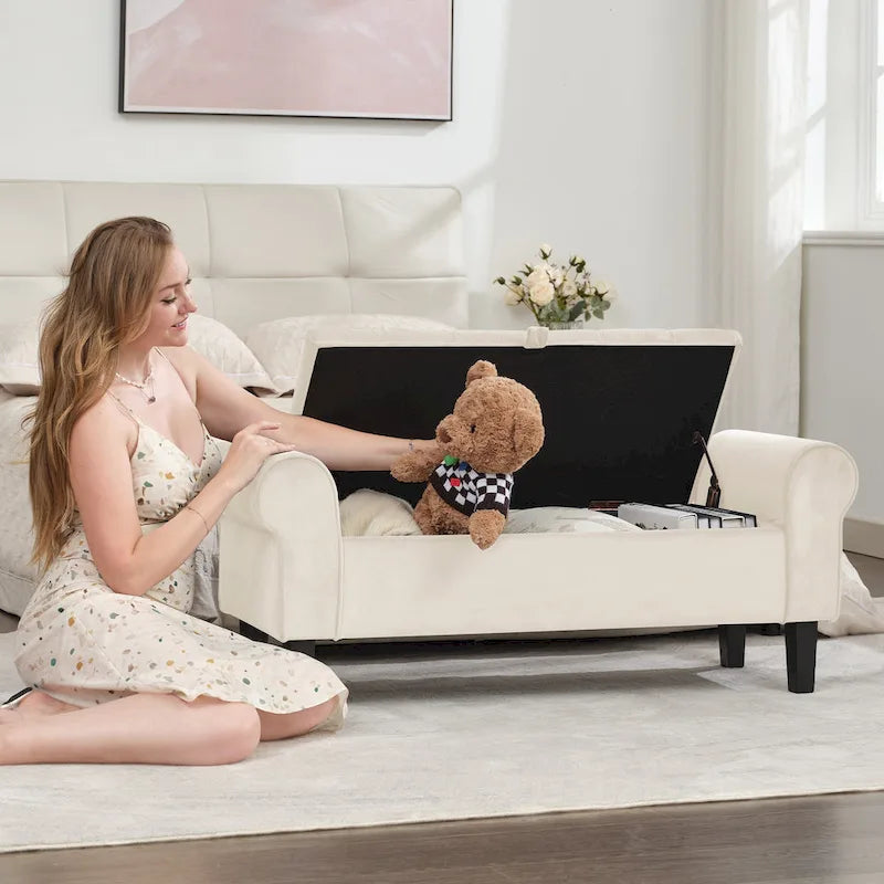 Velvet Storage Bench With Rubber Wood Legs for Bedroom