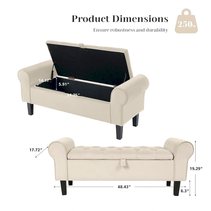Velvet Storage Bench With Rubber Wood Legs for Bedroom