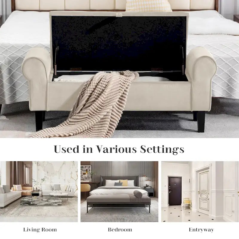 Velvet Storage Bench With Rubber Wood Legs for Bedroom