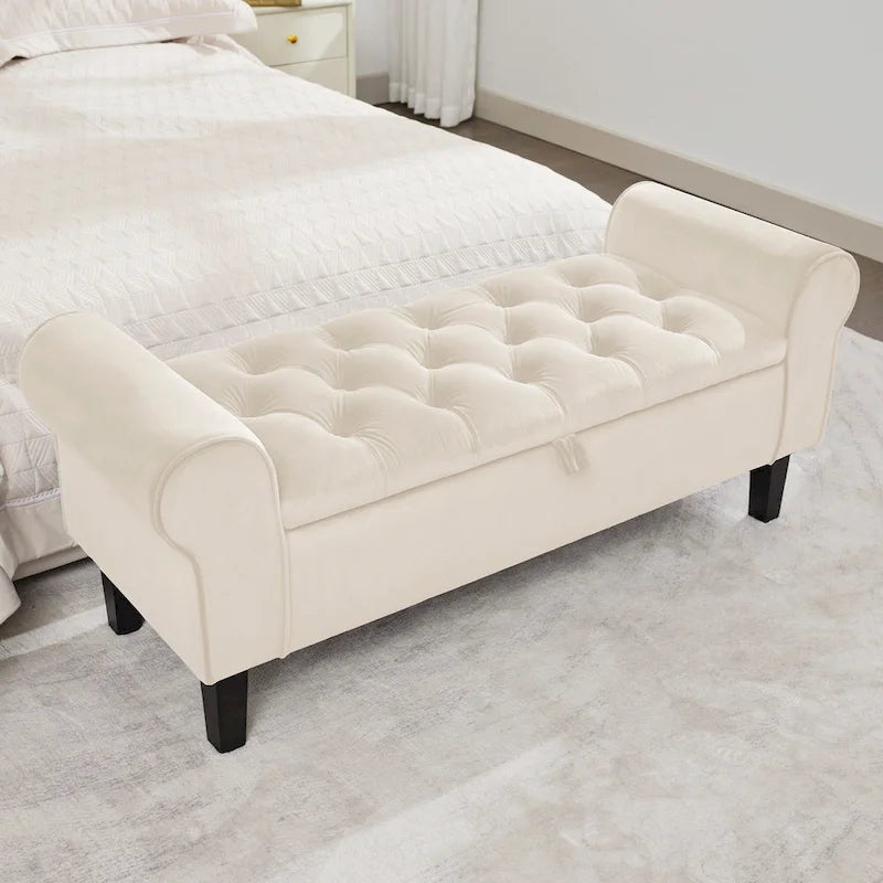 Velvet Storage Bench With Rubber Wood Legs for Bedroom