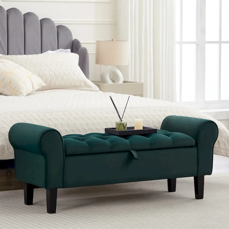 Velvet Storage Bench With Rubber Wood Legs for Bedroom