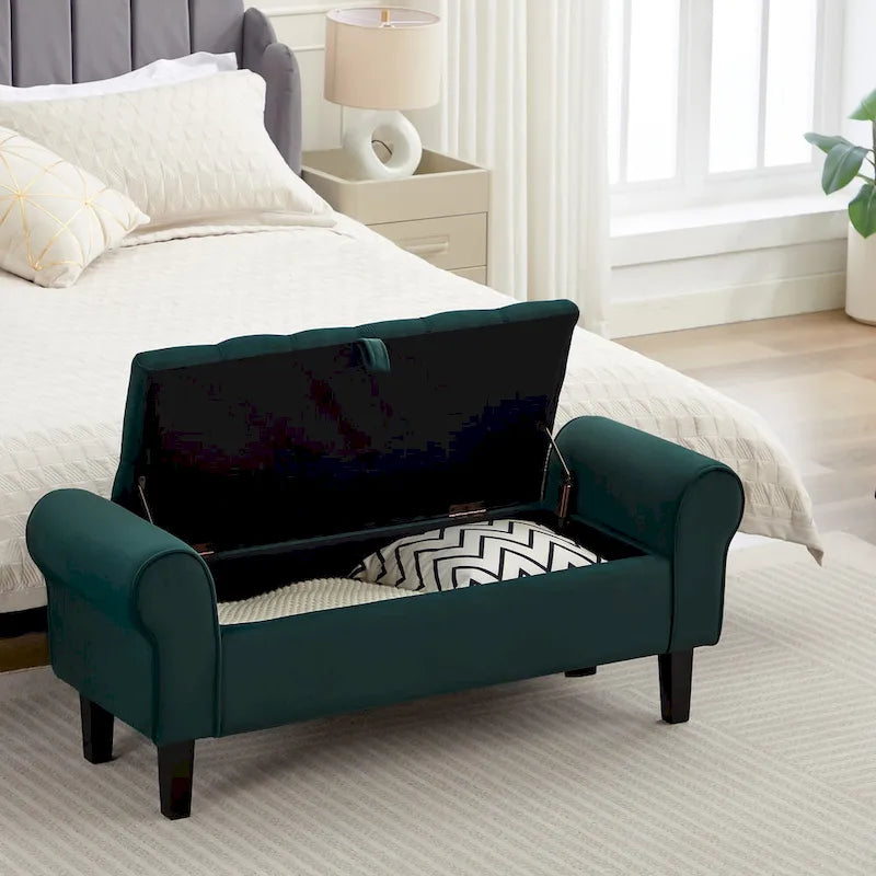 Velvet Storage Bench With Rubber Wood Legs for Bedroom
