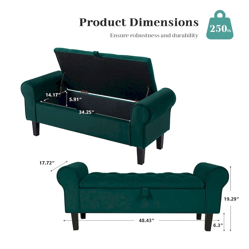 Velvet Storage Bench With Rubber Wood Legs for Bedroom