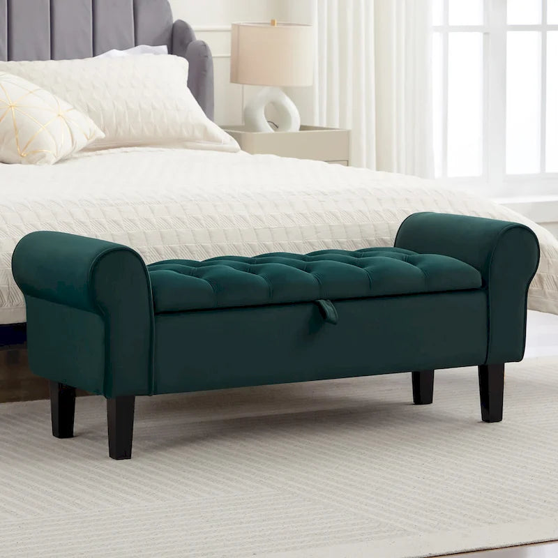 Velvet Storage Bench With Rubber Wood Legs for Bedroom