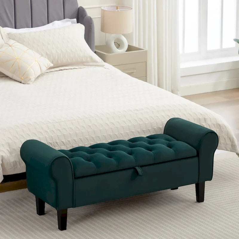 Velvet Storage Bench With Rubber Wood Legs for Bedroom