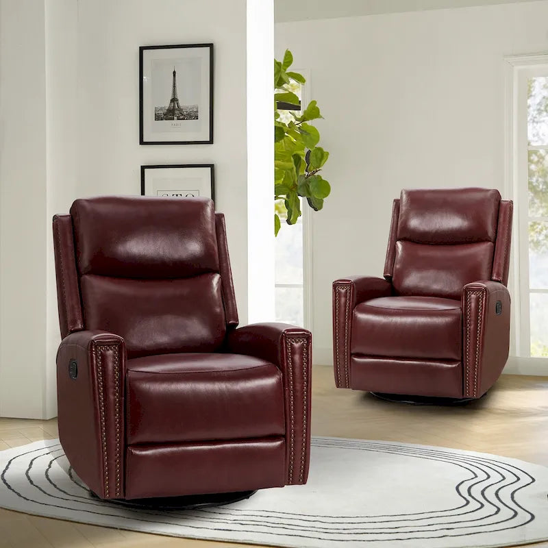 30.31Wide Modern Genuine Leather Wingback Swivel Rocker Recliner with Nailhead Trims, Set of 2