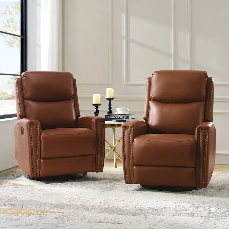 30.31Wide Modern Genuine Leather Wingback Swivel Rocker Recliner with Nailhead Trims, Set of 2