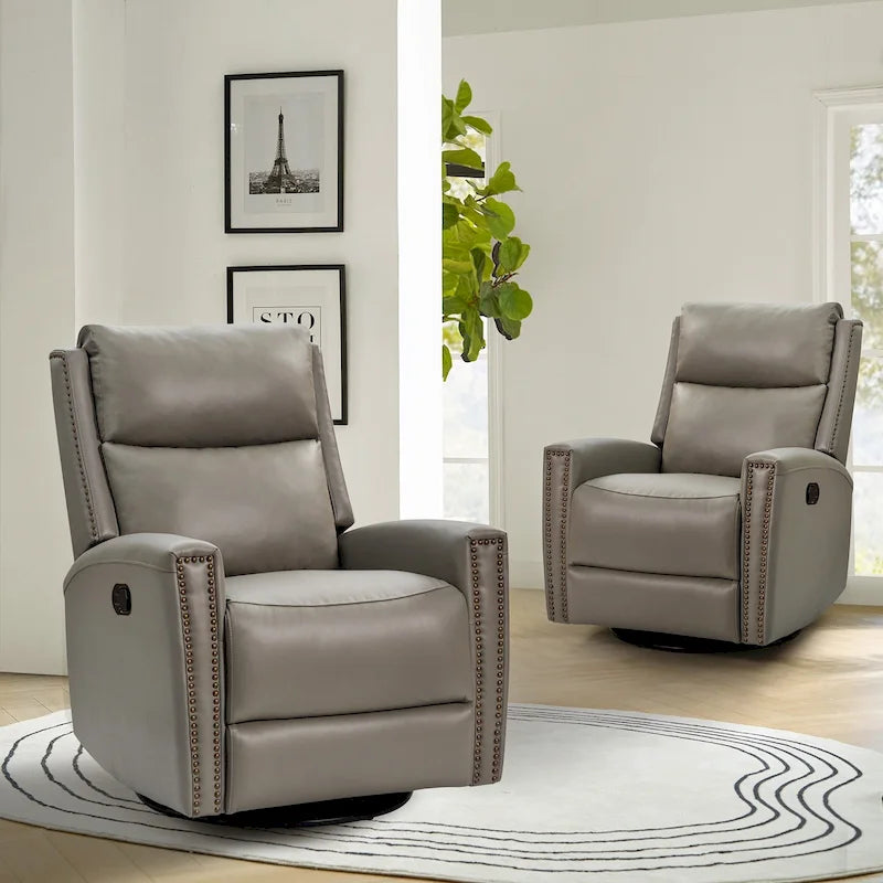 30.31Wide Modern Genuine Leather Wingback Swivel Rocker Recliner with Nailhead Trims, Set of 2