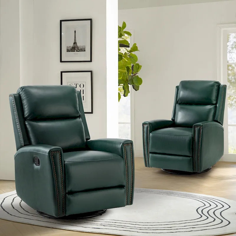 30.31Wide Modern Genuine Leather Wingback Swivel Rocker Recliner with Nailhead Trims, Set of 2