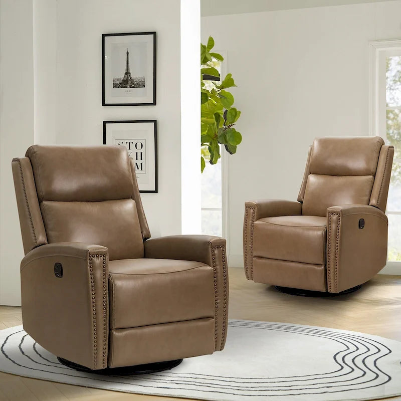 30.31Wide Modern Genuine Leather Wingback Swivel Rocker Recliner with Nailhead Trims, Set of 2
