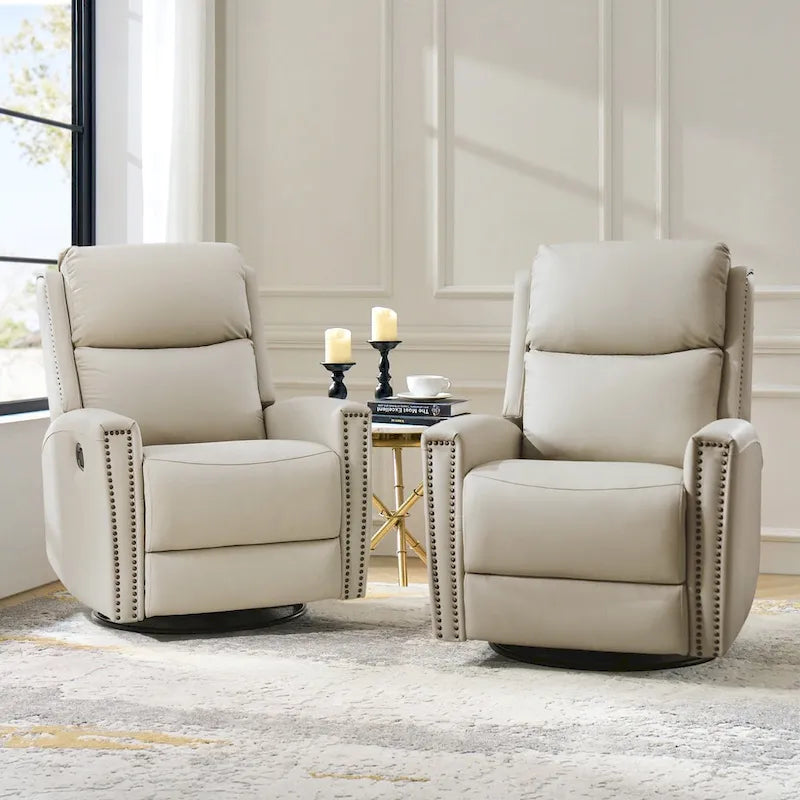 30.31Wide Modern Genuine Leather Wingback Swivel Rocker Recliner with Nailhead Trims, Set of 2