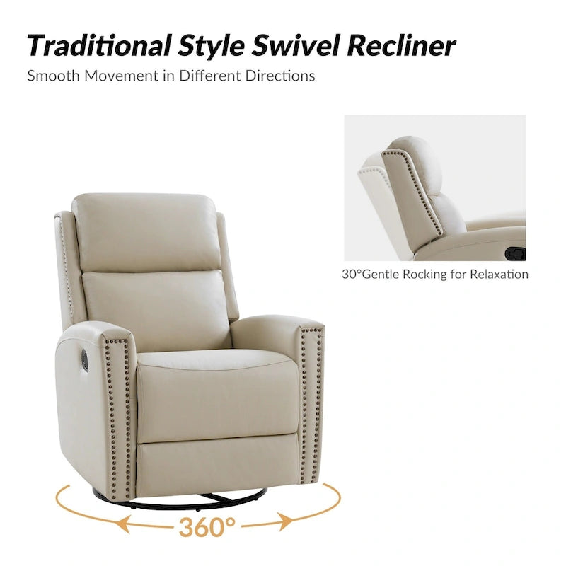 30.31Wide Modern Genuine Leather Wingback Swivel Rocker Recliner with Nailhead Trims, Set of 2