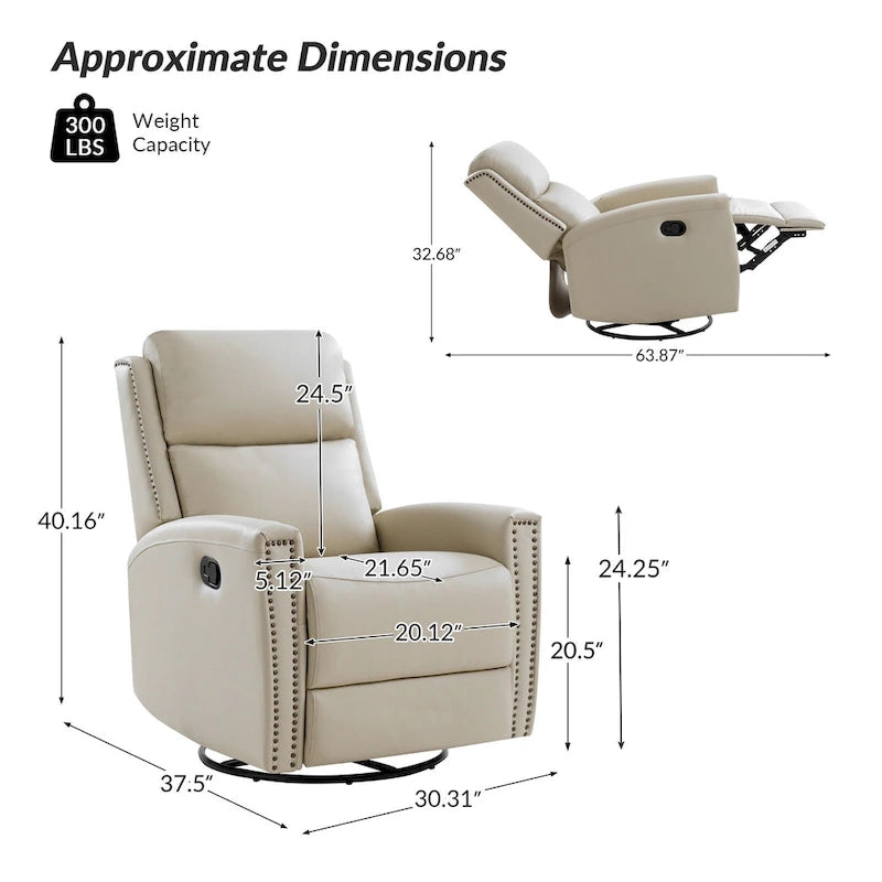 30.31Wide Modern Genuine Leather Wingback Swivel Rocker Recliner with Nailhead Trims, Set of 2