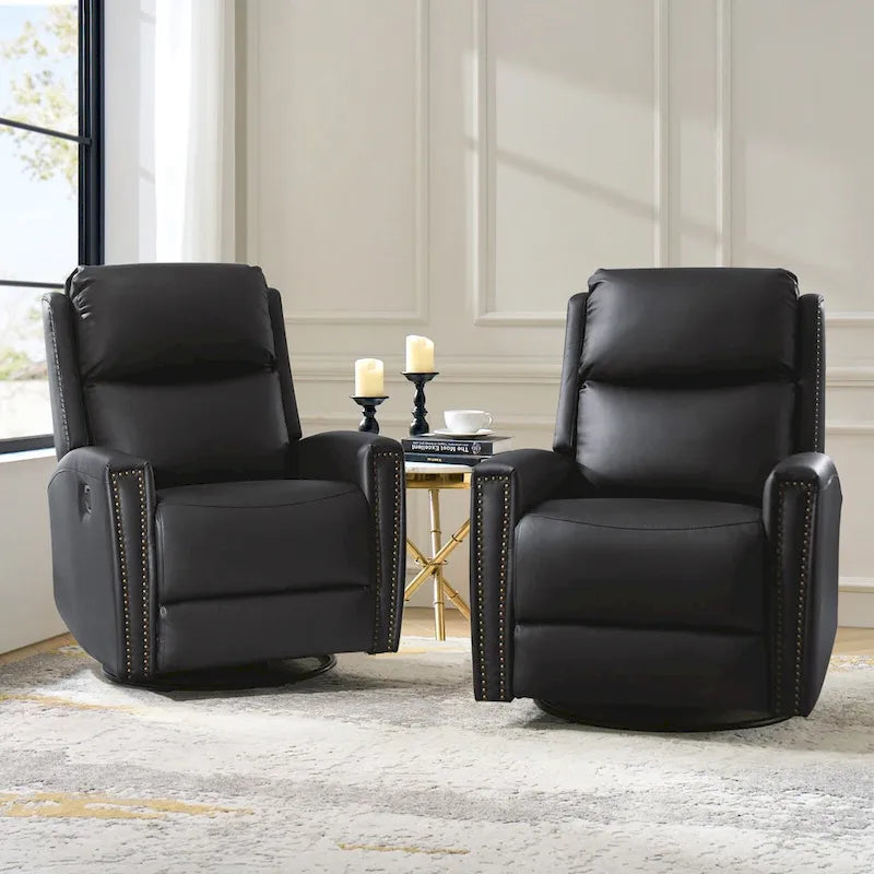 30.31Wide Modern Genuine Leather Wingback Swivel Rocker Recliner with Nailhead Trims, Set of 2