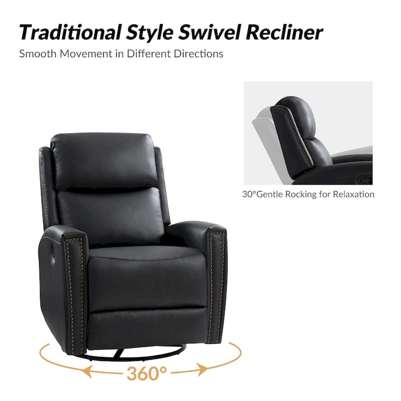 30.31Wide Modern Genuine Leather Wingback Swivel Rocker Recliner with Nailhead Trims, Set of 2