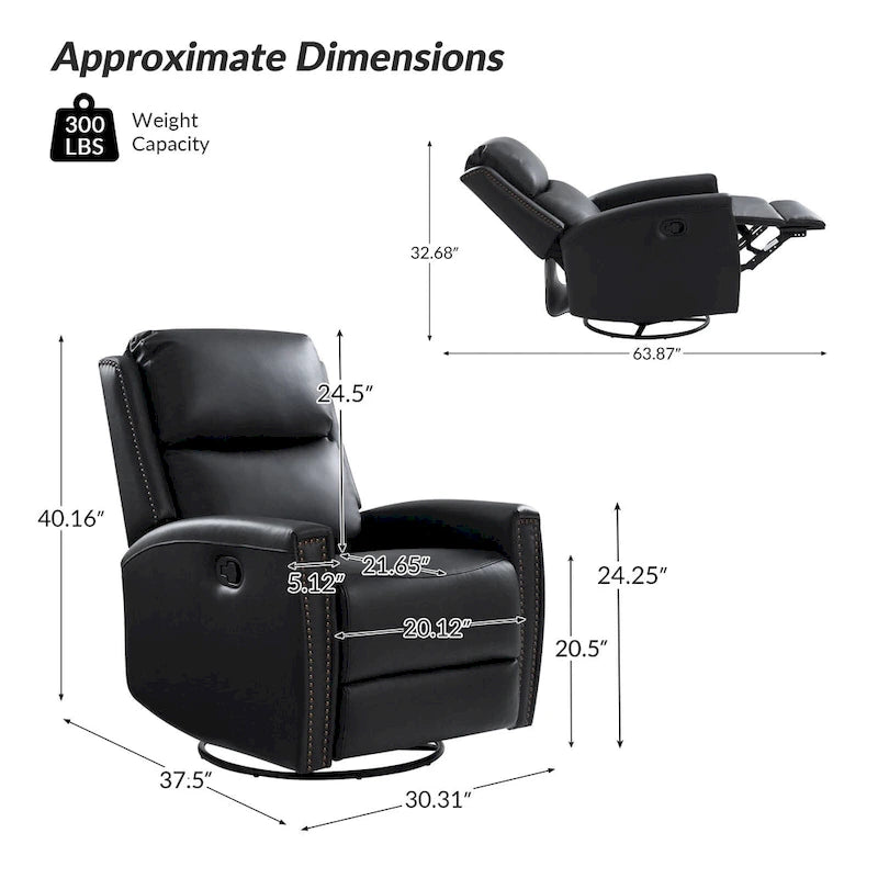 30.31Wide Modern Genuine Leather Wingback Swivel Rocker Recliner with Nailhead Trims, Set of 2